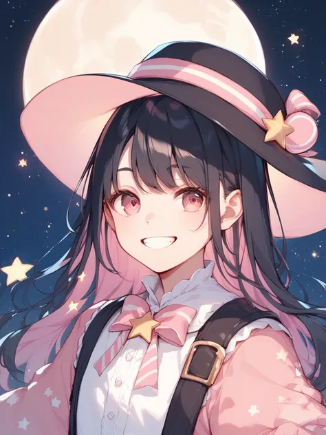 A man with black hair in a neat style outfit is also holding a  with pink hair, pink eyes, cute style outfit with a hat on her head.Bright smile, night background, looking at the stars and the moon. Long Haired Girl