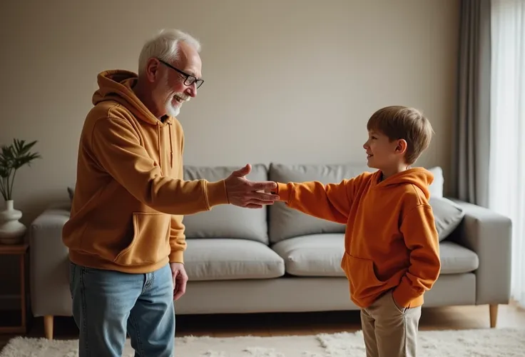 In a cosy living room, a cheerful old man extends his hand to a young boy for a handshake. Dressed in an orange hoodie and comfortable trousers, the boy looks eager and curious. They are standing on a soft rug in front of a modern sofa with neutral coloure...