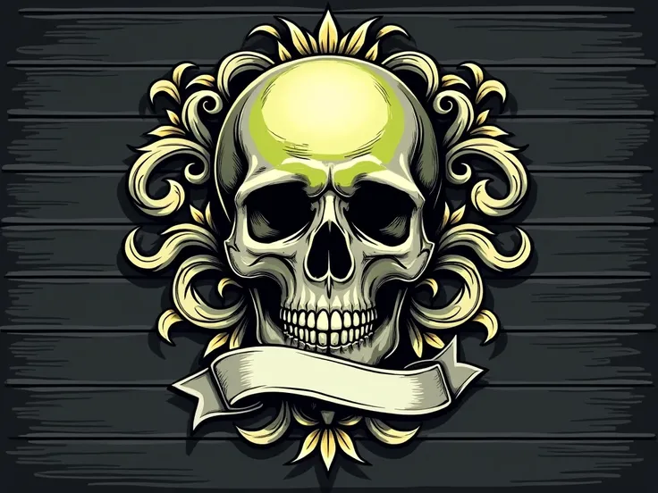 Detailed skull graphic design,  ornate  and stylized,  centered on a dark wooden-plank background.  Pale gray skull,  with vibrant lime-green accents on  the face area.  Dark,  intricate scrollwork and leaf-shape patterns in light-yellow/gold surrounds the...