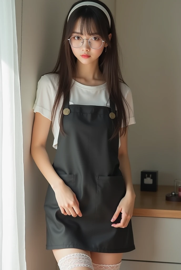 18-year-old Thai girl, beautiful, cute, fair skin, natural and realistic, long straight dark brown hair, soft and beautiful, big round eyes, dark brown eyes, plump figure, natural large breasts

The clothes she wears are a small black and white apron of he...