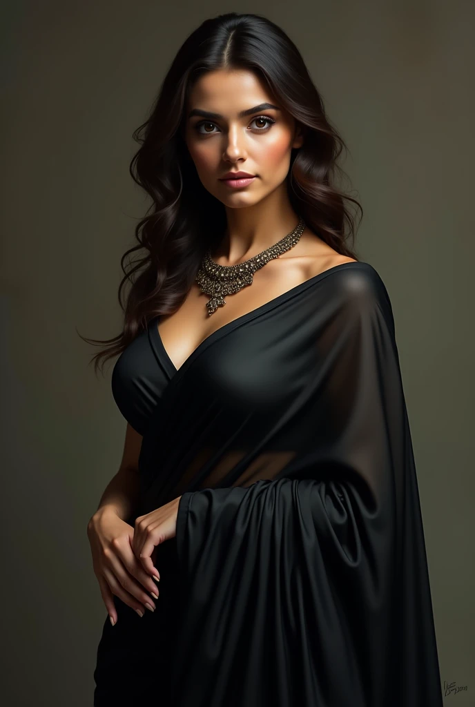 A woman wearing black saree with necklace ,c cup breast