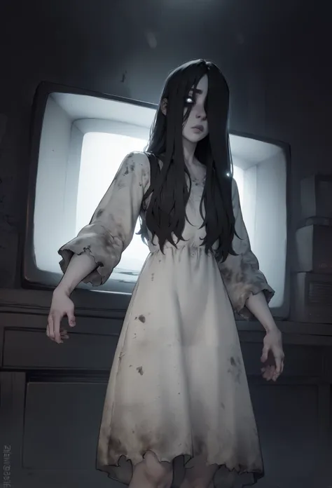 Teonrioxl, long black hair ,pale skin, hair over one eye ,
 dirty white dress with sleeves , 
 Dark Room, soft lighting,television,
