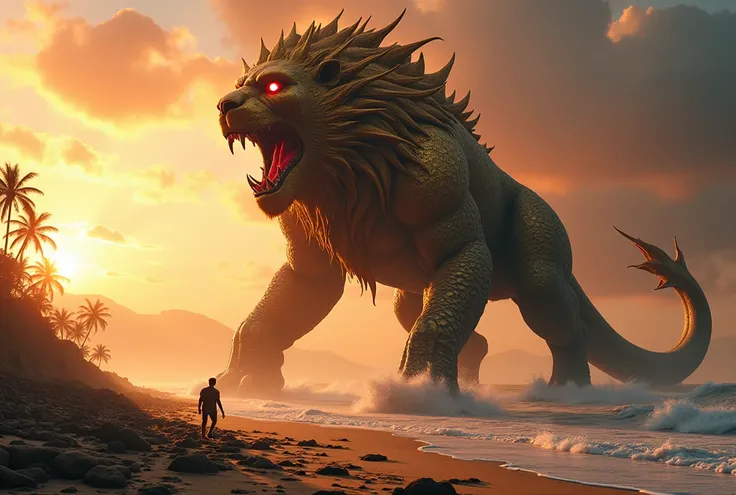 score_9, score_8_up, score_7_up (realistic:1.2), , (photorealistic:0.6), (detailed textures:0.8), (cinematic lighting:0.9).
"A colossal kaiju inspired by Barong from Balinese mythology prowls the ruins of Kuta Beach at sunset. Standing on four massive, lio...