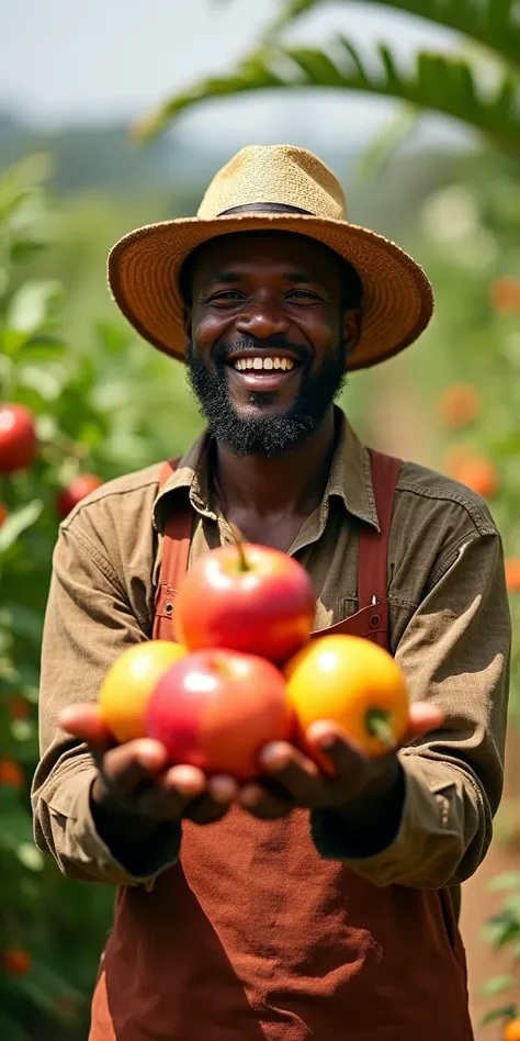 paysan africain très heureux au milieu de son jardin potager,  montrant un beau fruit en avant plan dans as paume de main ouverte