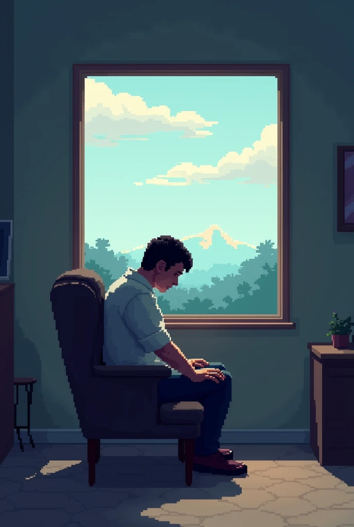 make a 8 bit pixel landscape image using this reference "a guy sitting in his chair looking sad not touching his computer while looking at the window"