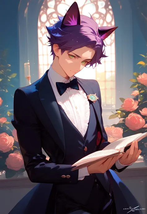 anime style boy, green eyes, cat eyes, short hair, dark purple hair, cat ears, funny expression, beautiful, ultra detailed, ultra quality, butler style.