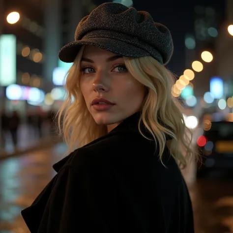 подробное изображение/женщина с сухим телом, влажная кожа, A 30-year-old blonde woman stands in the night city in a stylish black raincoat in a gray cap in the retro 30s style in the style of Peaky Blinders, Annabelle Wallis, сверхреалистичное изображение,...