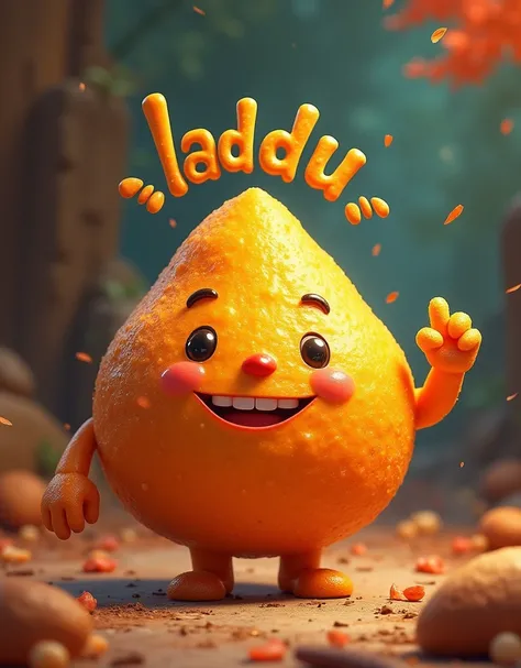 Make a profile pic with Laddu which has nose face hands and eyes and he is smiling and his left hand should be in L shape its shape should be written Laddu Gamer in Bangladeshi language above the hand and the background should be interesting and beautiful