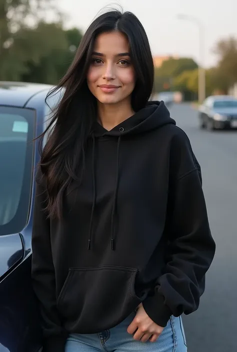  young girl, 24 years old,  Black hair ,  leans on the car, facing the camera, in a black oversized hoodie without laces, Its morning outside;