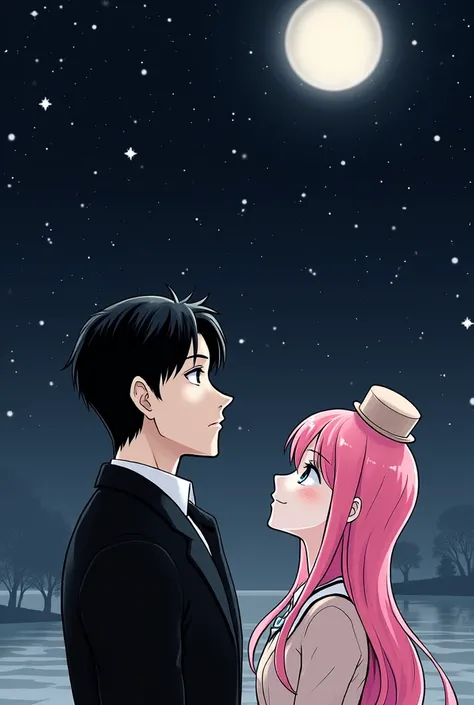 A man with black hair in a neat style outfit is also holding a  with pink hair, pink eyes, cute style outfit with a hat on her head.Bright smile, night background, looking at the stars and the moon. Long Haired Girl Its a black and white theme. Manga