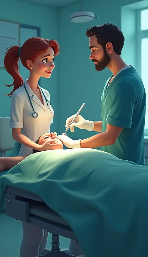 A woman is getting her surgery done by a doctor. Doctor is a man. Pixar style 