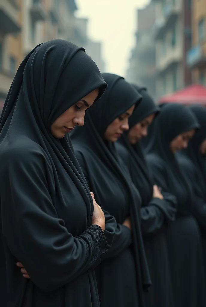 womens stand in street wearing hijabs and and heads are on the ground