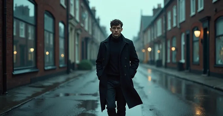 MAINTAINING AND PRESERVING THE CHARACTER. In a lonely street under a cloudy sky, a man walks alone. He walks looking straight ahead. The camera takes a zenithal, aerial shot of the street and the character walking. The character is an adult of 35 years old...