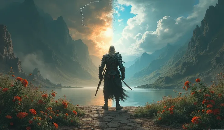 A warrior standing on a battlefield of inner turmoil, with half of the scene showing a peaceful garden and the other half a stormy, desolate wasteland; the atmosphere is symbolic and thought-provoking