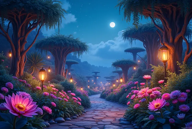  background is a lively and whimsical landscape night, filled with exotic flowers and plants, immersing the viewer in a magical and enchanting atmosphere. hdr, perfect lighting, masterpiece, high resolution, photorealistic, hyperdetailed, 8k