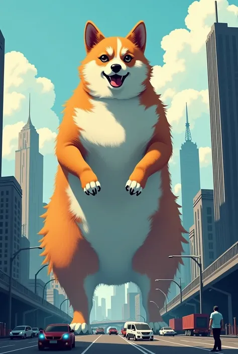 create a cat shaped like Corgzilla that is above the city 2d