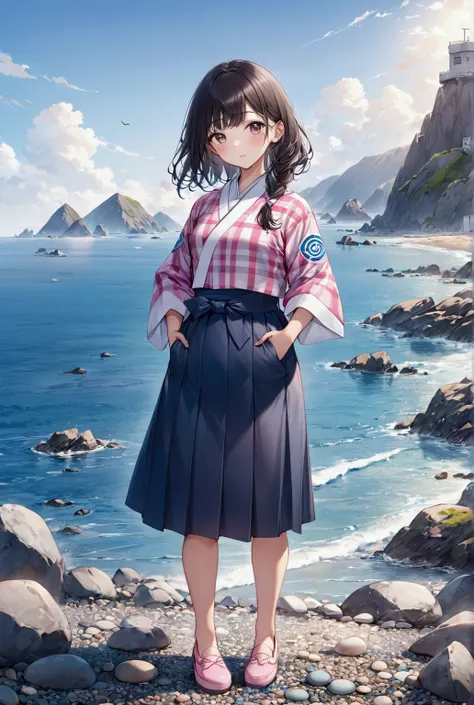  middle shot up to her arms, front cut, 17-year-old Japanese and Argentinian mixed-blood girl standing on a pebble beach with a view of Dokdo Coastal Prison, wears gray pink short pumps, a dense expression, and has a pretty belly with both hands in pockets...