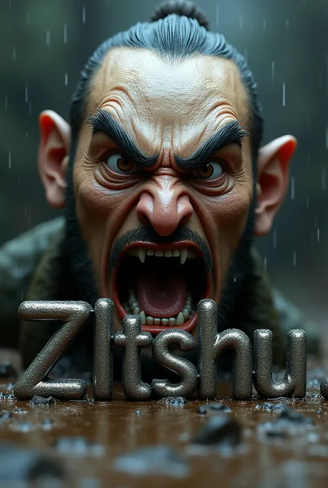 Realistic image Zltshu angry face emotion with tanat name made of metal rope 3d font on background with mud and rain