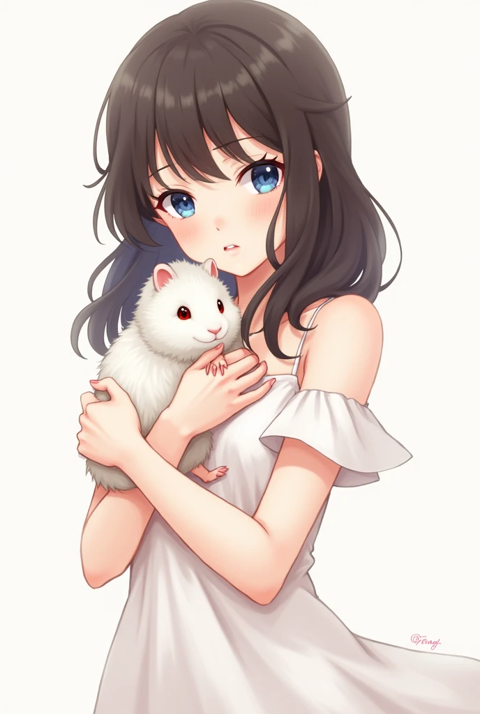  make an anime girl associated with the name Tanya . a girl with blue eyes and dark brown hair with pale skin with a white dress and red lips holds a white guinea pig 8 with red eyes a fluffy pig 