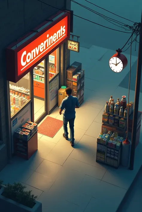  Make someone outside in a hurry want to go inside the convenience store while looking at their watch, Top POV inside the convenience store , 