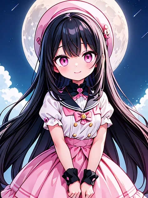 A man with black hair in a neat style outfit is also holding a  with pink hair, pink eyes, cute style outfit with a hat on her head.Bright smile, night background, looking at the stars and the moon. Long Haired Girl Its a black and white theme. Manga