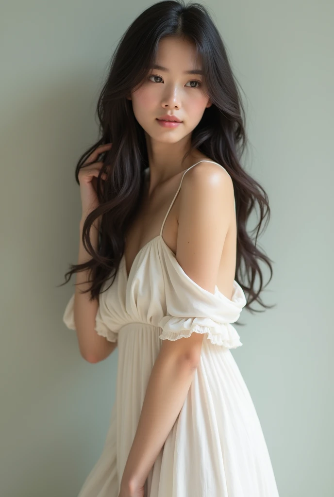 pretty 18yo girl, she has long dark hair, she doing a model pose, she has long withe dress very soft 