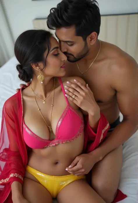 The photograph captures an intimate indoor moment between two individuals. The focus is on a 35-year-old woman of Indian heritage, showcasing her striking bridal makeup and a medium complexion. She is adorned in traditional attire, featuring a pink bra and...