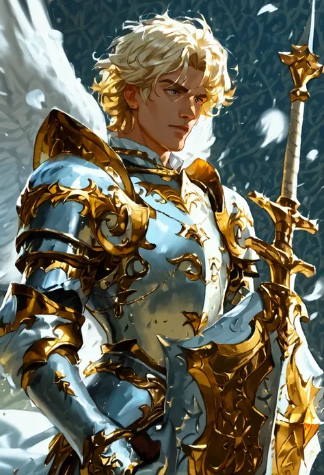 Sir Michael the radiant (male aasimar), the personal champion of the King of Evenguard, and a crown paladin. With golden armour and a gilded great shield, swinging his flail with his right hand towards something off screen to the left.