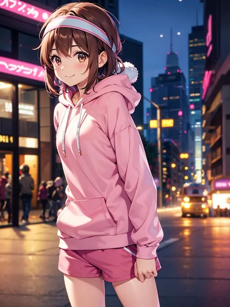 4K quality,cute,Brown Eyes,Brown Hair,20-year-old female,solo, small breasts, Pink Sports Bra , pink shorts,Put on a pink headband, long short hair,smile, blurry background,Cityscape on a winter morning,Wear a hoodie and wear a hood,