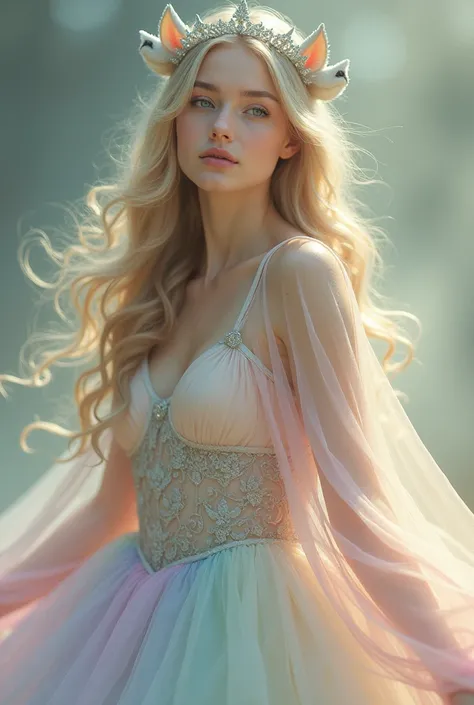 A blonde hair woman with a “pastel rainbow color dress with a veil” and an “ tiara of silver unicorn horns ” and hava a vibe poetic. 