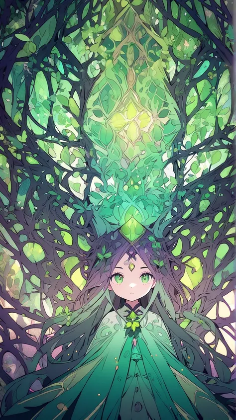 Very beautiful sacred tree with a cute little green witch in beautiful colors