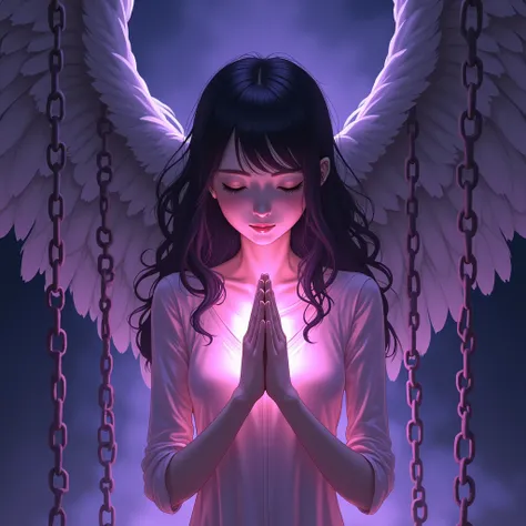 Illustration of a woman posing as she is praying looking bright which looks bright in dark purple tones on background with angel wings wrapped around chains in anime style