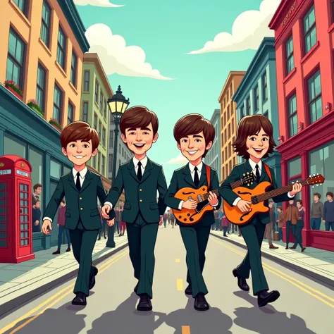 beatles band cartoon walking on street