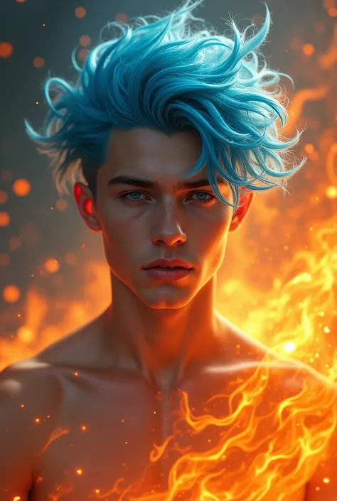 Blue hair beautiful teen man fire