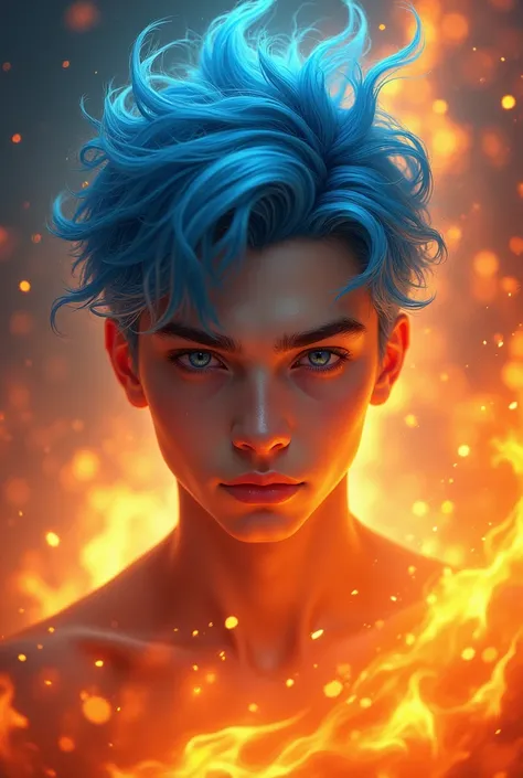 Blue hair beautiful teen man fire