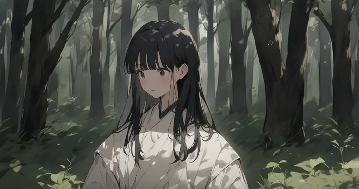 Girl with black hair walking in the woods　 imaginary　anime