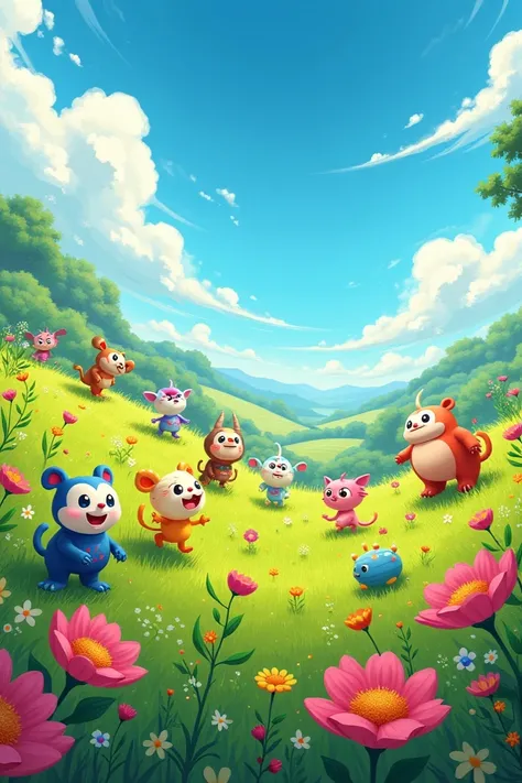 A field full of animated characters 