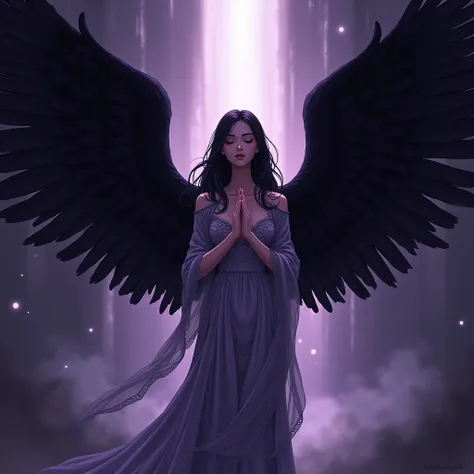 Illustration of a woman posing as praying looking bright in dark purple tones on background with black angel wings with black angel wings wrapped around her body in anime style