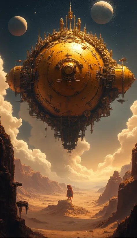 Large, golden, organic spaceship (detailed mechanics:1.5) hovering above desolate, rocky landscape; intricate, detailed machinery covering its surface, resembling a living organism;  central, imposing structure;  figure standing on cliff overlooking the sc...