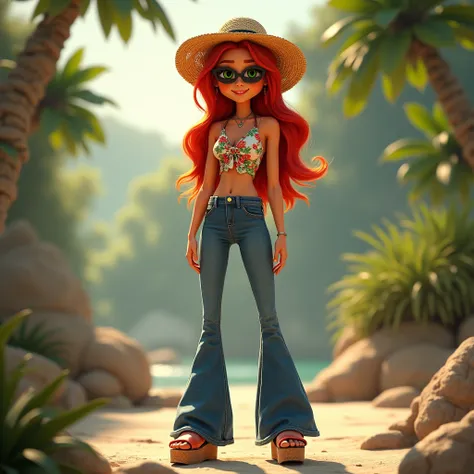 Full body shot of Teen Titans character Starfire. Photorealism, detailed feet, detailed eyes and face. Wearing long, bell bottomed denims, a floreal knot top, a straw hat, sunglasses, platform cork-soled clog sandals.