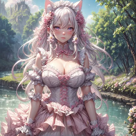 (cat girl, solo focus:1.5), beautiful gorgeous captivating cute adorable princess, (blushing:1.5), nose blush, (pink eyes:1.5) , (((hyper detail delicate beautiful eyes , big eyes, clear eyes, extremely detailed))), (soft thin lines:1.2, beautiful, delicat...