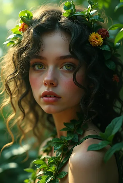 ((RAW Photo), absurd, (absurdresolution)), masterpiece, best quality, (Extremely detailed 8k unity CG wallpaper), (best illustration), (best shadow), Realistic lighting, beautiful detailed glow, ((18 years old)), girl, mesmerizing green eyes, wild, curly h...