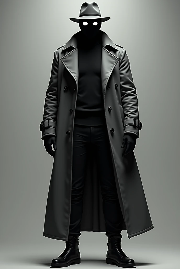  human wears a full black mask with white eyes ,  wears a black sweater with black pants and black boots ,  over which he wears a long gray coat that reached almost to his feet.  he also wears black gloves and a gray fedora hat . He is 7 feet tall and shou...