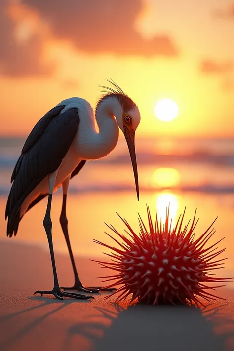 A bird with long legs interacting with a spiky sea urchin on a beach during sunset.