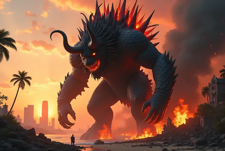 score_9, score_8_up, score_7_up (realistic:1.2), , (photorealistic:0.6), (detailed textures:0.8), (cinematic lighting:0.9).
"A towering humanoid kaiju inspired by Barong dominates the apocalyptic ruins of Kuta Beach at sunset. Its menacing face combines th...