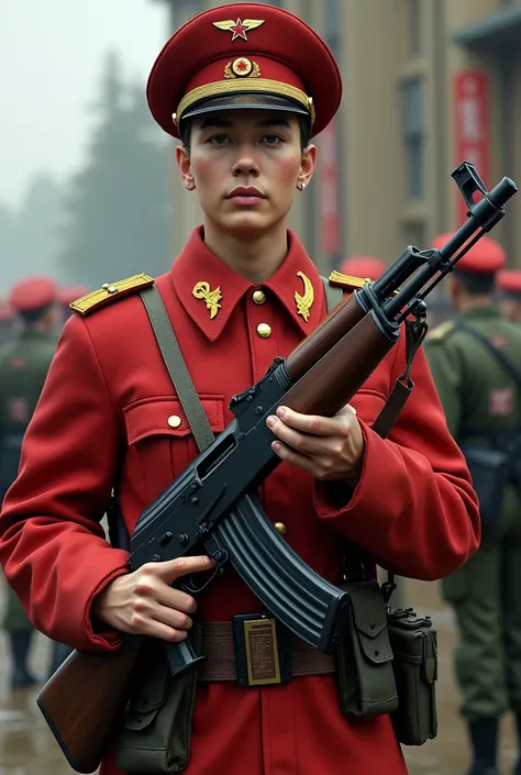 A Soldier Wearing a Red Military Shirt and a Red Military Office Hat and Hold AK Gun 1981 Russian Uniform 