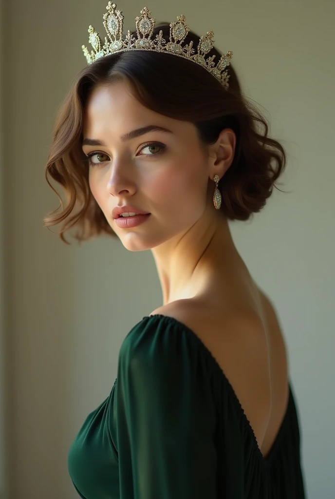 pretty 20yo european girl, she has short brown hair, she doing a model pose, she has dark green dress very sexy. she has a crown 