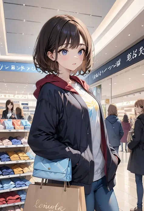 High image quality, 4K, １A woman in her 30s、 slim figure、 short hairstyle 、 brown hair、 blue eyes、 white t-shirt 、maroon hoodie、 black jacket、 blue jeans、winter、 shopping mall