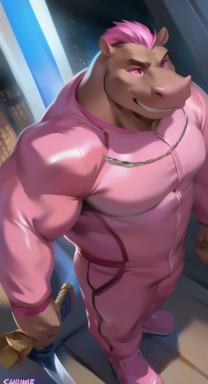     alone    , Male tall   , อยู่บนถนน Holding a Ninja Sword, hippo ,     pink military spacesuit, Overload  ,   Binding muscles  ,pink Ponytail, quiet , pink eyes, by chunie    