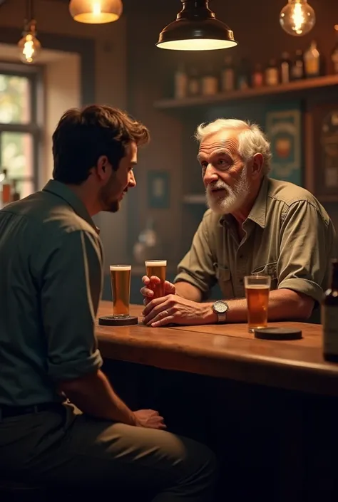 Show a bar where a guy is talking to an old man about sheep. 